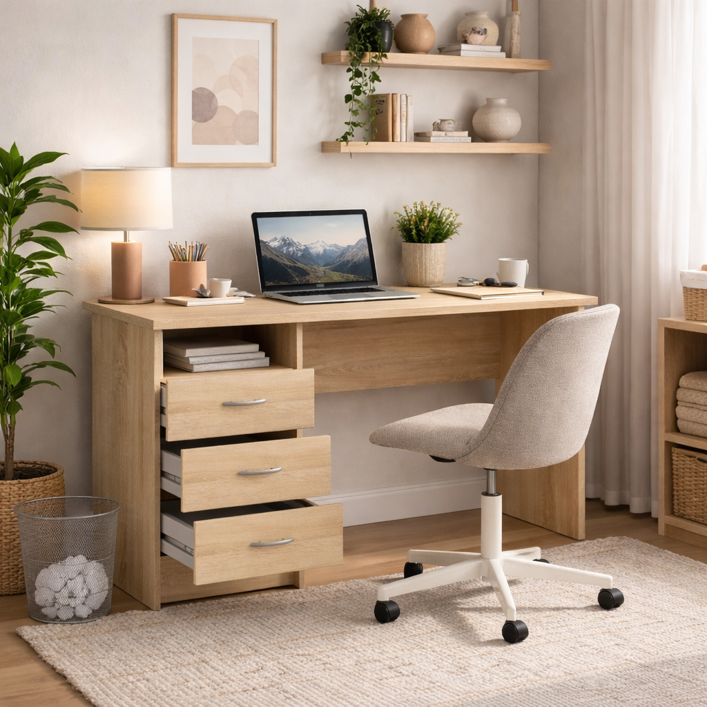 Function Plus Desk with 5 Drawers - Oak