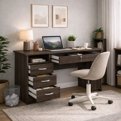 Function Plus Desk with 5 Drawers - Truffle