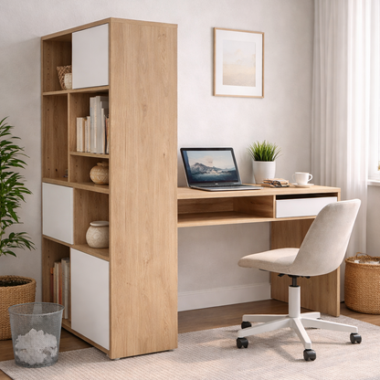 Function Plus Corner Desk with Bookcase - Jackson Hickory White