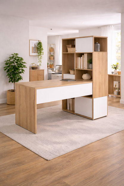 Function Plus Corner Desk with Bookcase - Jackson Hickory White