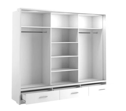 Sparta 250cm 3 Door Mirrored Sliding Wardrobe with 3 Drawers and LED Lights  - White