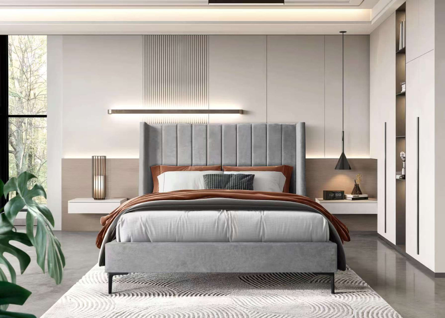 Anapolis 4'6  Double Bed, Grey Fabric, with black legs