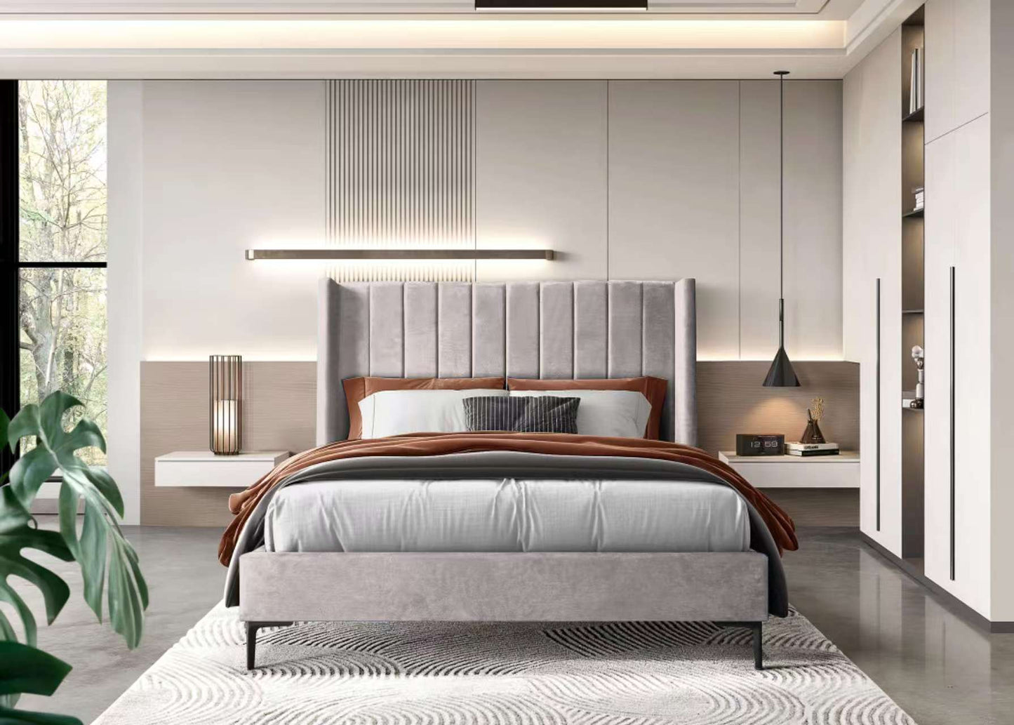 Anapolis 5'0  King Size Bed, Champagne Taupe Fabric, with black legs