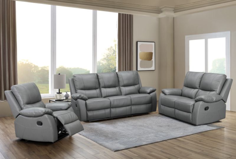 Galway 3 Seater Leather Manuel Recliner- Grey