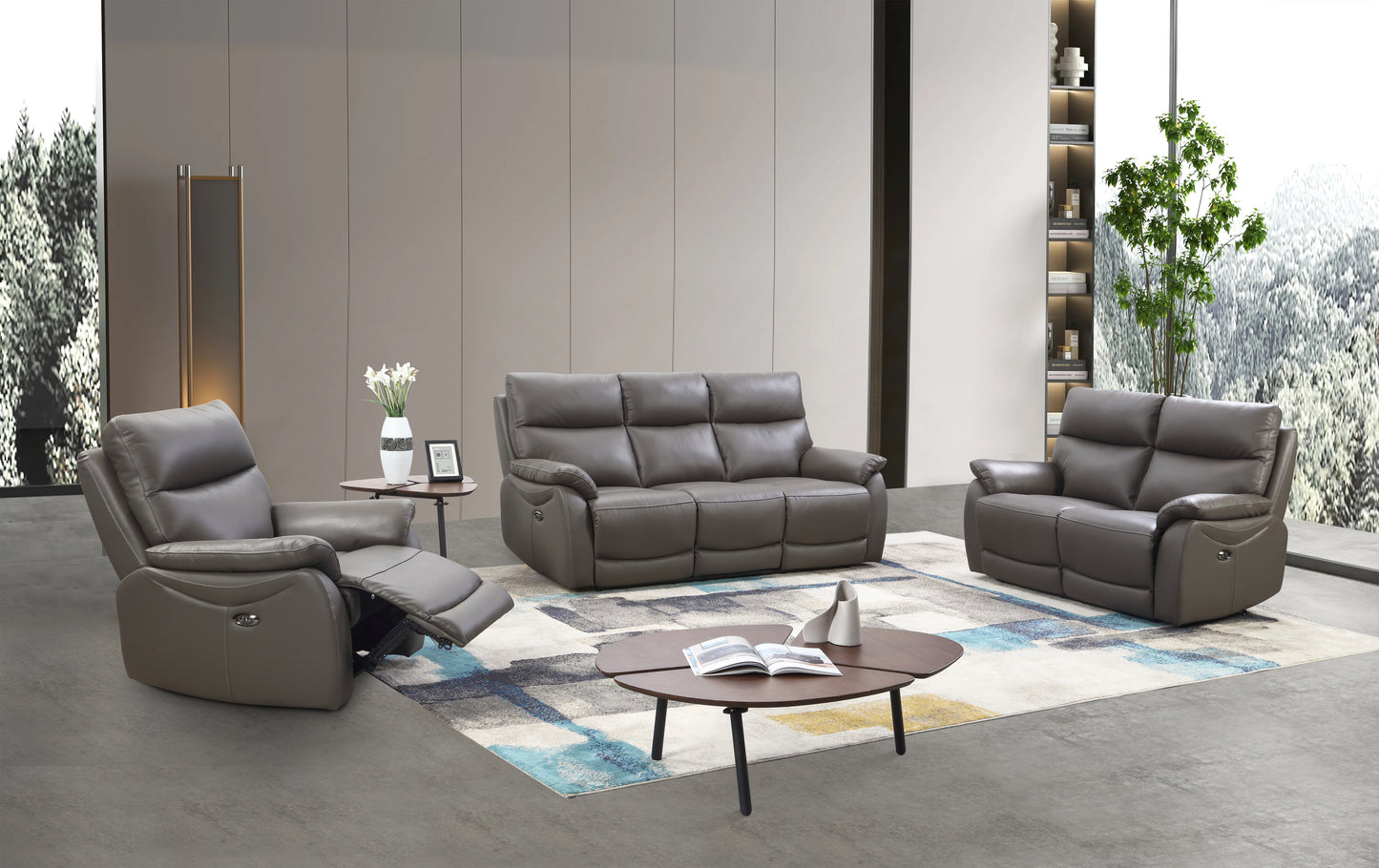 Hilltown 3RR +1R +1R Seater Leather Electric Recliner- Grey