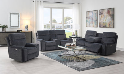 Gray recliner sofa set in a living room with a coffee table and decor.