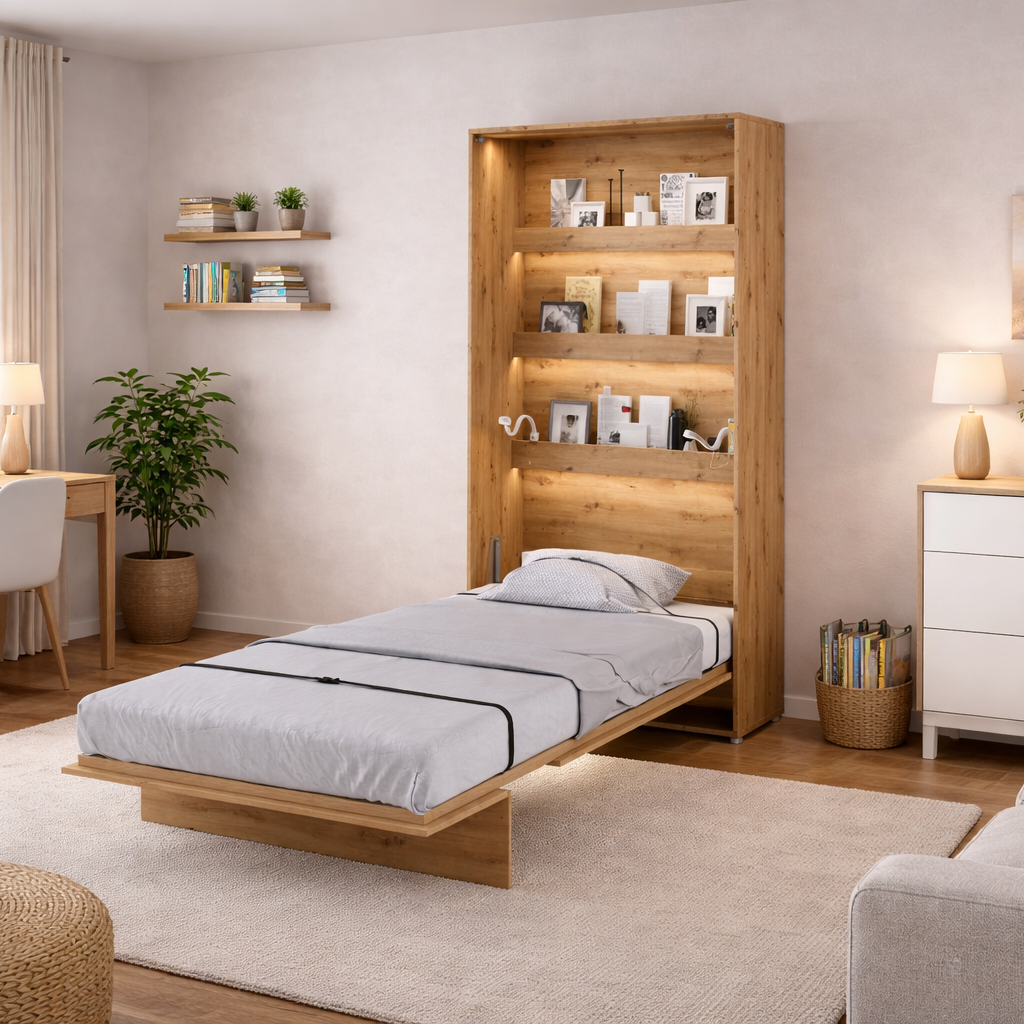 Modern bedroom with wooden bed, desk, and shelves.